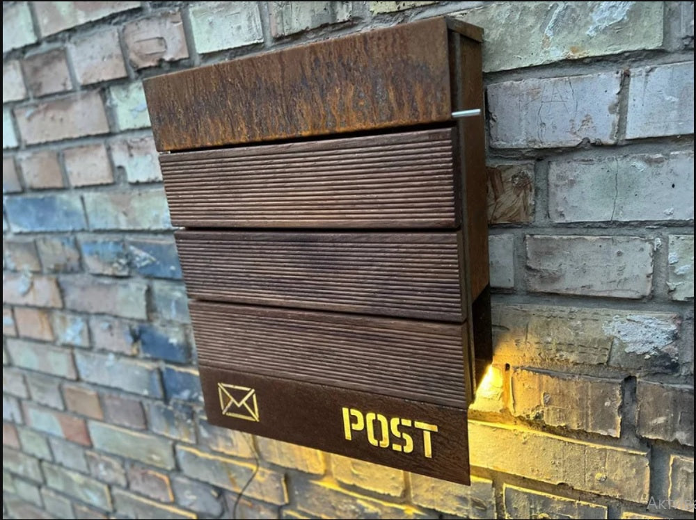 Corten / Weathering steel + Merbau wood Wall mount personalized LED mailbox