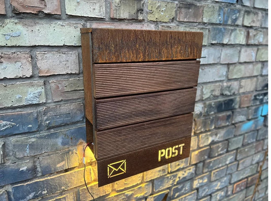 Corten / Weathering steel + Merbau wood Wall mount personalized LED mailbox