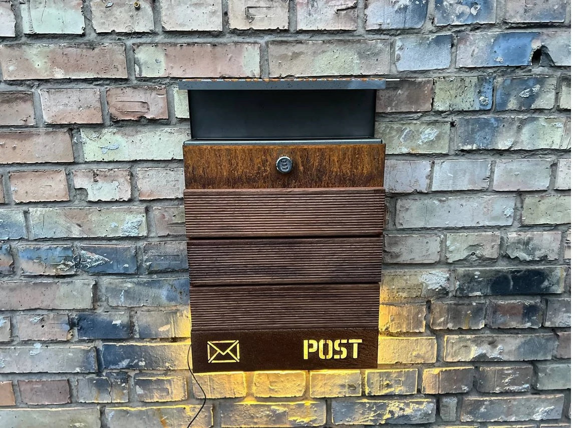 Corten / Weathering steel + Merbau wood Wall mount personalized LED mailbox