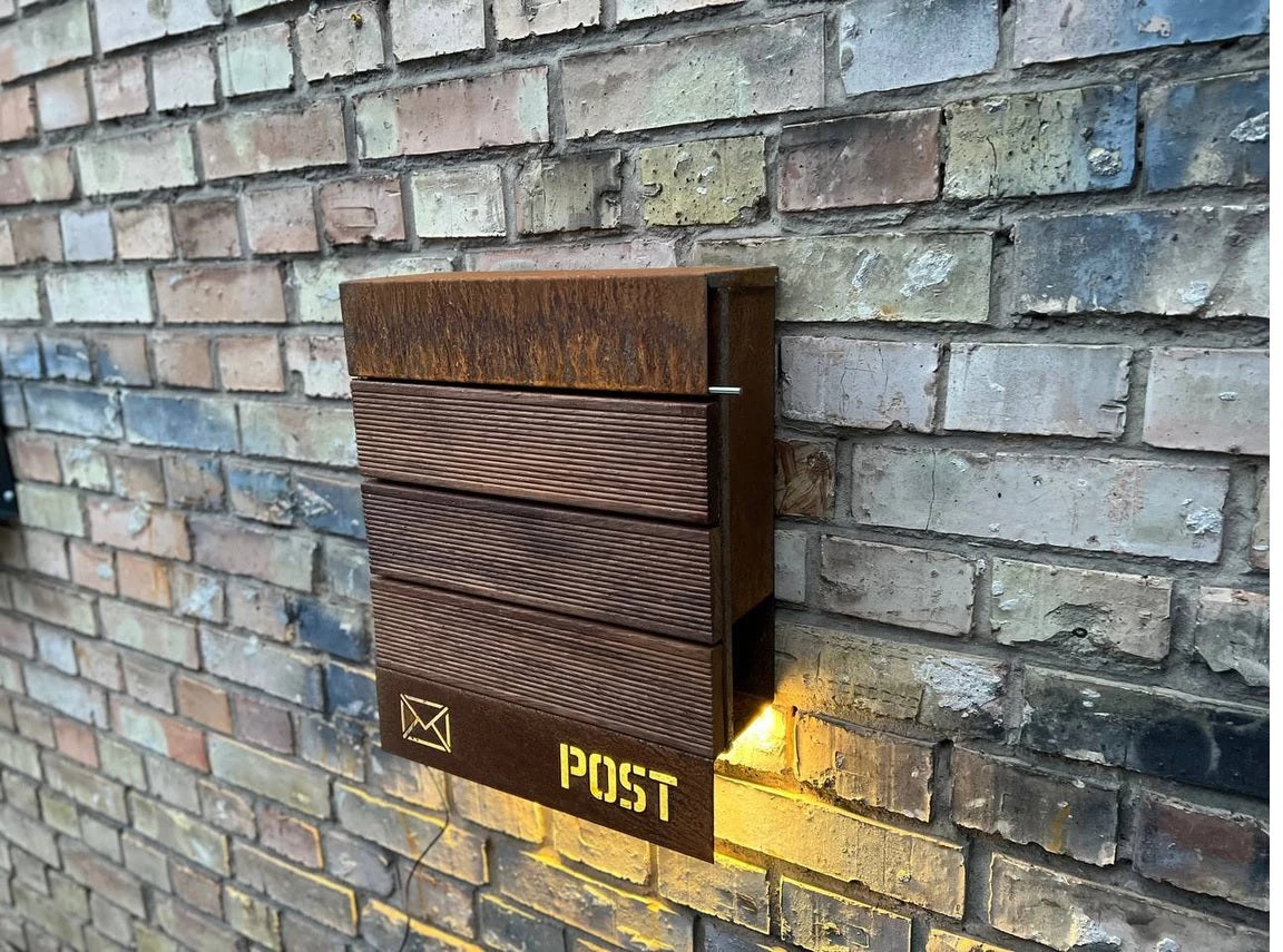 Corten / Weathering steel + Merbau wood Wall mount personalized LED mailbox